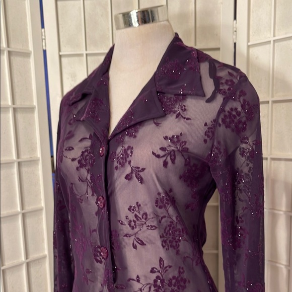 Deep Purple Sheer Lace V-Neck Long Blouse - Picture 8 of 15